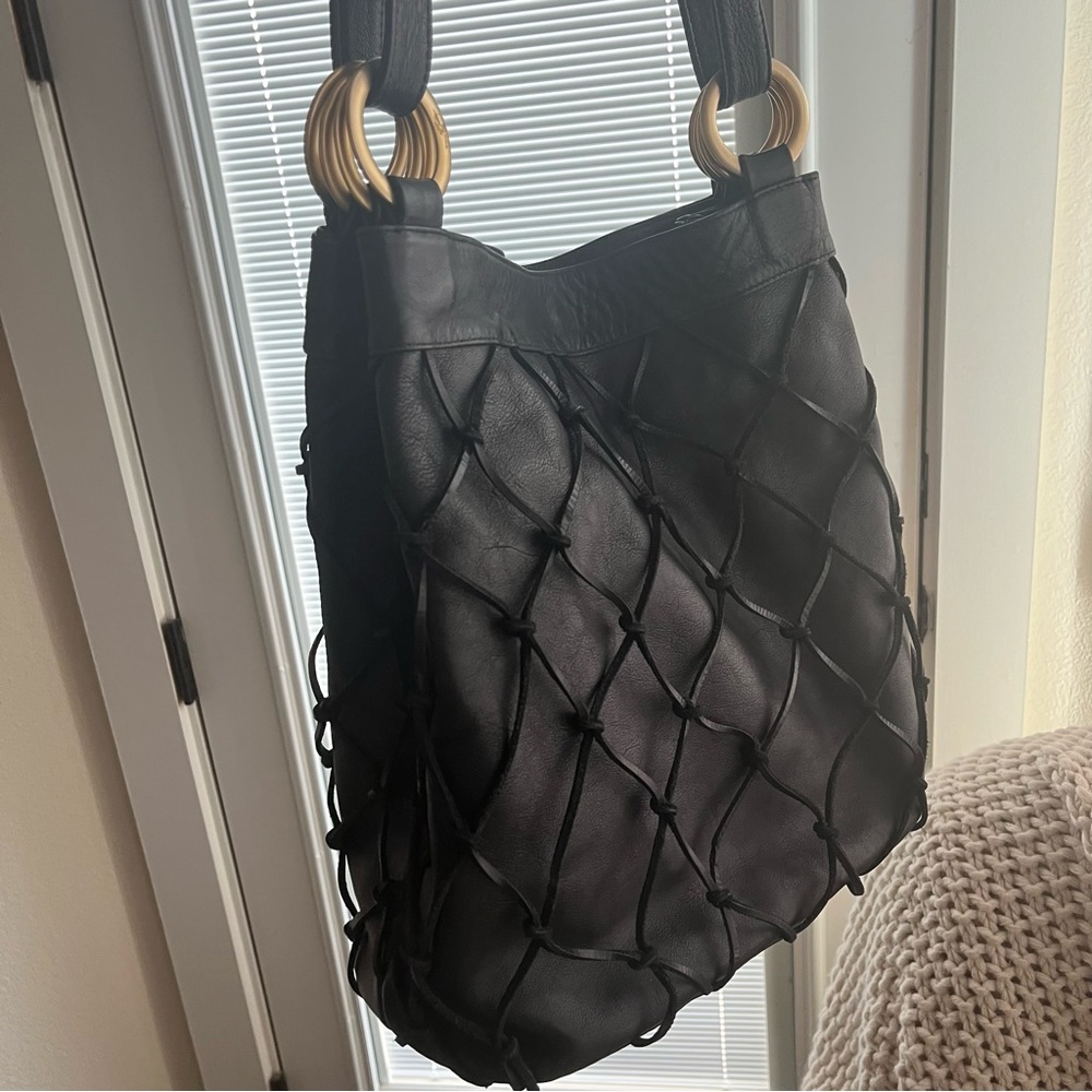 Made an Italy Black Macramé genuine Leather Net Woven Shoulder / Crossbody Bag